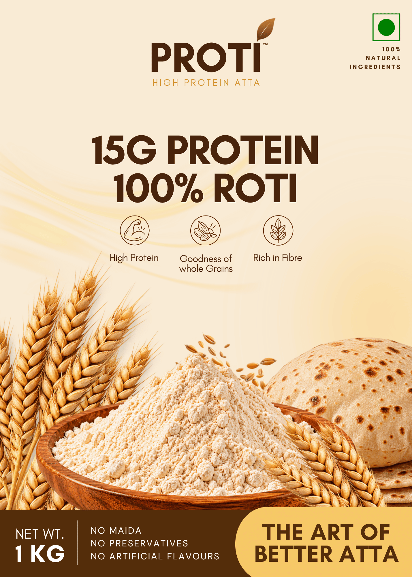 PROTI High Protein Atta 1 kg pack design — 15g protein, 100% roti, with whole grains, a bowl of atta and puffed rotis